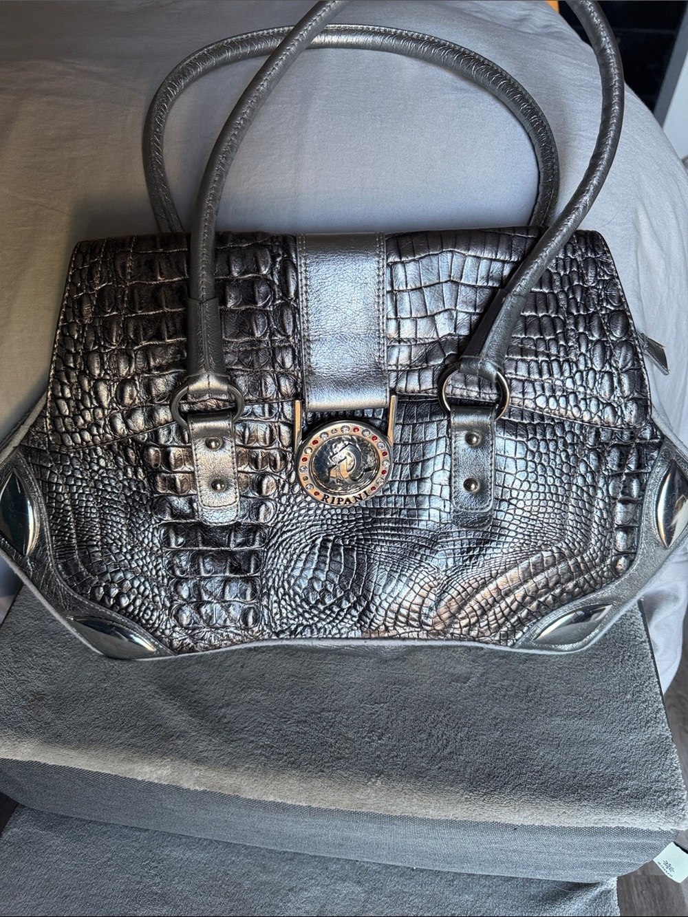 RIPANI Silver Pewter Croc-Embossed Satchel with Medallion Detail